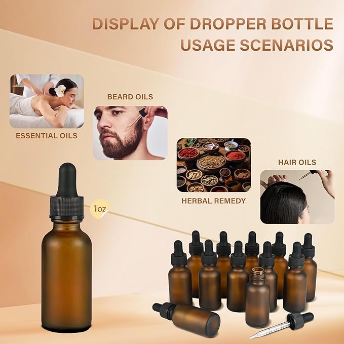 12 Pcs, 1oz Dropper Bottle, Amber Glass Eye Dropper Bottle, Tincture Bottles with Dropper, Pretty Finish, Leak-Proof Design, Stronger Suction for All Kinds of Mixed Liquids