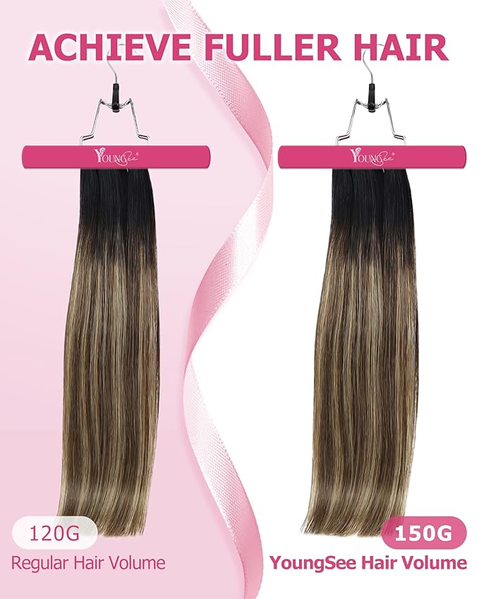 YoungSee Clip in Human Hair Extensions Black Ombre Human Hair Clip in Extensions Balayage Black to Blonde with Brown Hair Extensions Real Human Hair Clip ins Easy to Wear 120G 7Pcs 14Inch