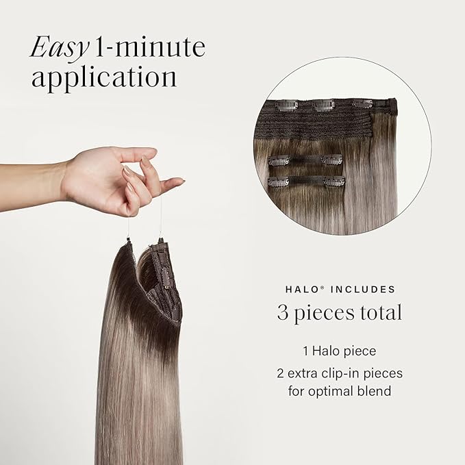 Luxy 100% Remy Human Hair – Halo Clip-In Hair Extensions –Natural Looking Volume & Length - One-Piece - Easy 5-Min Application 140 grams 16" Dimensional Rooted Ash Blonde