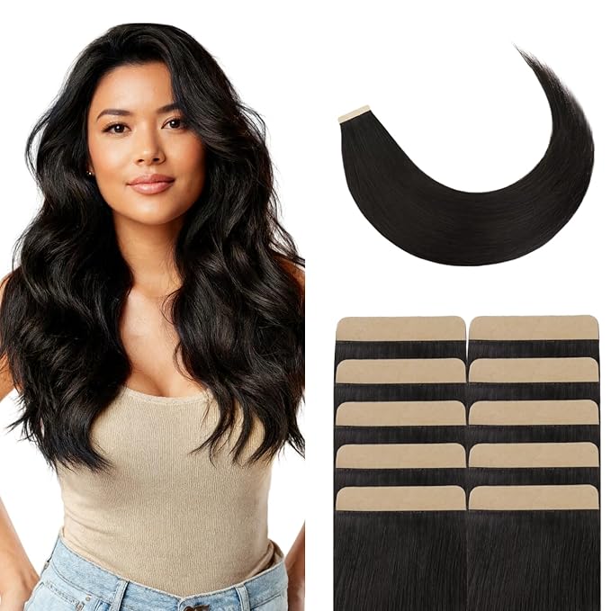 GOO GOO Tape in Hair Extensions Human Hair, 1B Natural Black, 4cm Wide Tape, 18inch 20pcs 80g, Real Human Hair, Seamless Tape in, Instant Length&Volume