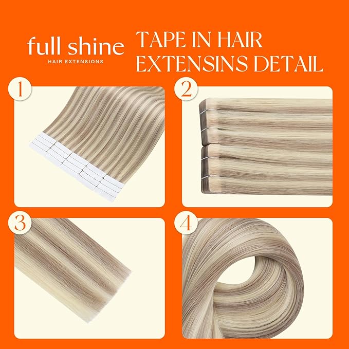 Full Shine Injection Tape in Hair Extensions Human Hair Highlighted Blonde 14Inch Color 18 Ash Blonde and 613 Blonde Machine Virgin Tape in Extensions Seamless Skin Weft Injection Tape 20Grams 10Pcs