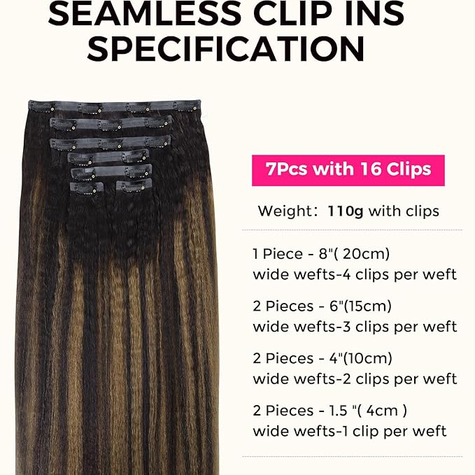Lashey Kinky Straight Human Hair Clip in Extensions 110g 7pcs Seamless Clip in Hair Extensions Human Hair 20 Inch Natural Black Mixed Chestnut Brown 100% Remy Human Hair Extension Clips
