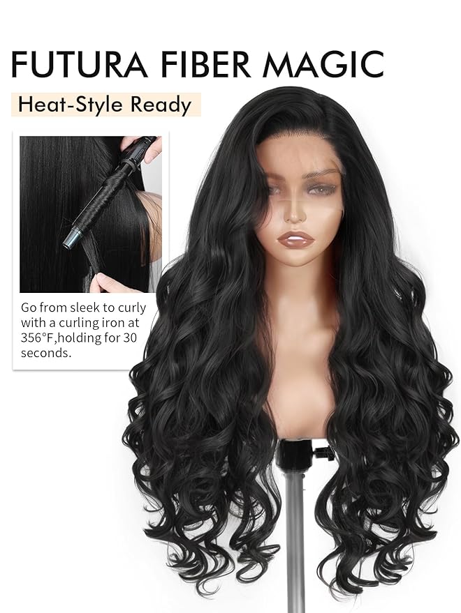 WIGNEE 13x6 Synthetic Lace Front Wig 28" Long Straight Wig Natural Black Kanekalon Futura Synthetic Wigs for Black Women Pre-Plucked Glueless Wig for Daily Party Use
