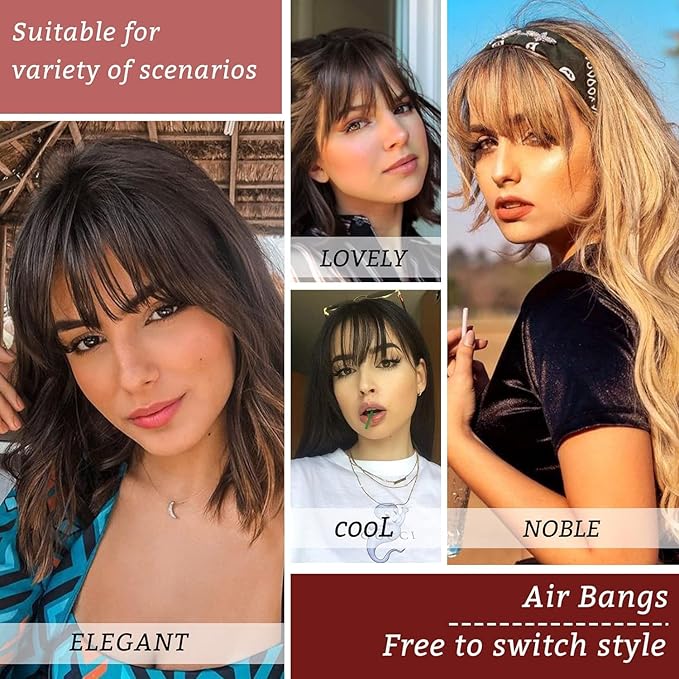 NAYOO Clip in Bangs - 100% Human Hair Wispy Bangs Clip in Hair Extensions, Red Air Bangs Fringe with Temples Hairpieces for Women Curved Bangs for Daily Wear