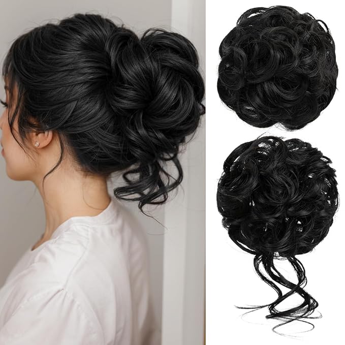 CJL HAIR 2PCS Messy Bun Hair Pieces Wavy Curly Synthetic Updo Chignon Fake Scrunchies Ponytail Extension for Women Black