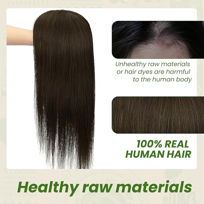 HAIR Toppers for Women Real Human Hair 6x7 inch 150 Density Base 16 inch 75 grams darkest brown Human Hair Topper for Women with Thinning Hair(#2 16inch)