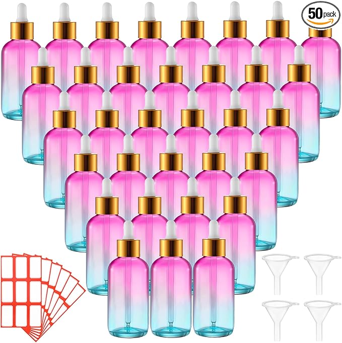 Dandat 50 Pack 4 oz Glass Dropper Bottles Leakproof 120 ml Glass Tincture Bottles with Eye Droppers, 4 Funnels, 54 Labels for Essential Oil Perfumes Hair Oil(Pink Blue Gradient)