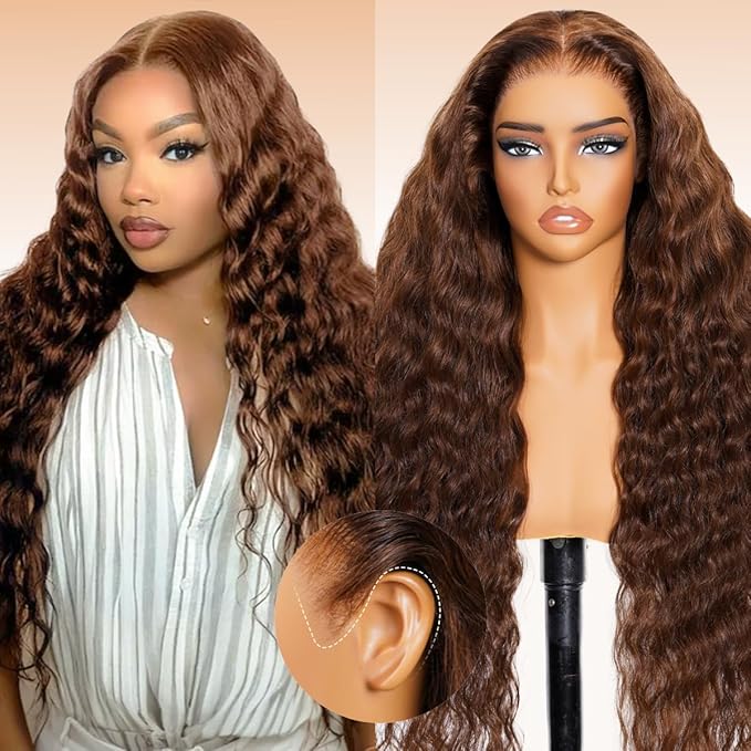 Arabella Chocolate Brown Deep curly Lace Front Wigs Human Hair 13x6 HD Lace Frontal Wigs Curly Human Hair Brown Glueless Wig For Women Pre Plucked with Natural Hairline 22 Inch