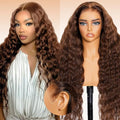 Arabella Chocolate Brown Deep curly Lace Front Wigs Human Hair 13x6 HD Lace Frontal Wigs Curly Human Hair Brown Glueless Wig For Women Pre Plucked with Natural Hairline 22 Inch