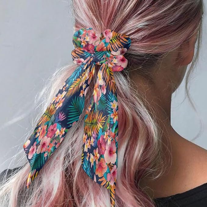 Colorful Tropical Floral Elastic Hair Band with Ribbon Womens Scarf Scrunchies Long Hair Ties Casual Knotted Bow No Damage Pack Of 2