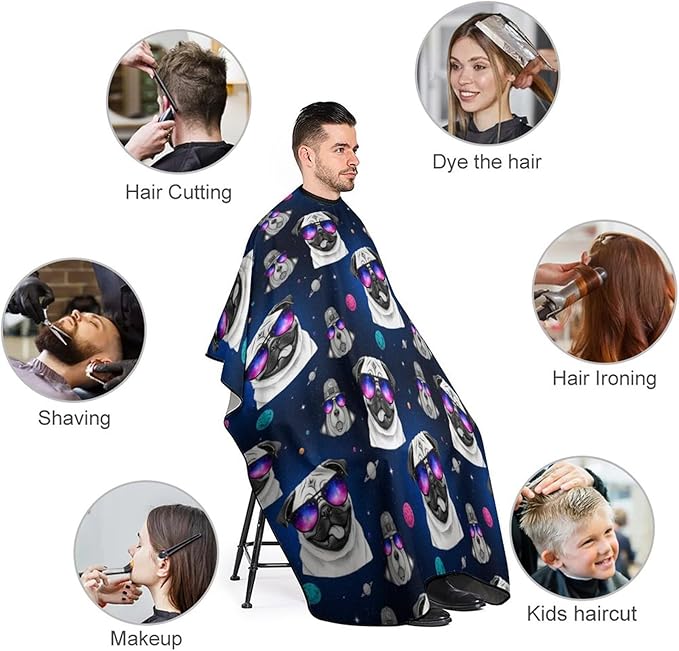 Extra Long Professional Salon Cape, Haircut Apron Galaxy Pug with Cool Glass Hair Cutting Gown for Styling Hair Cut Hairdresser