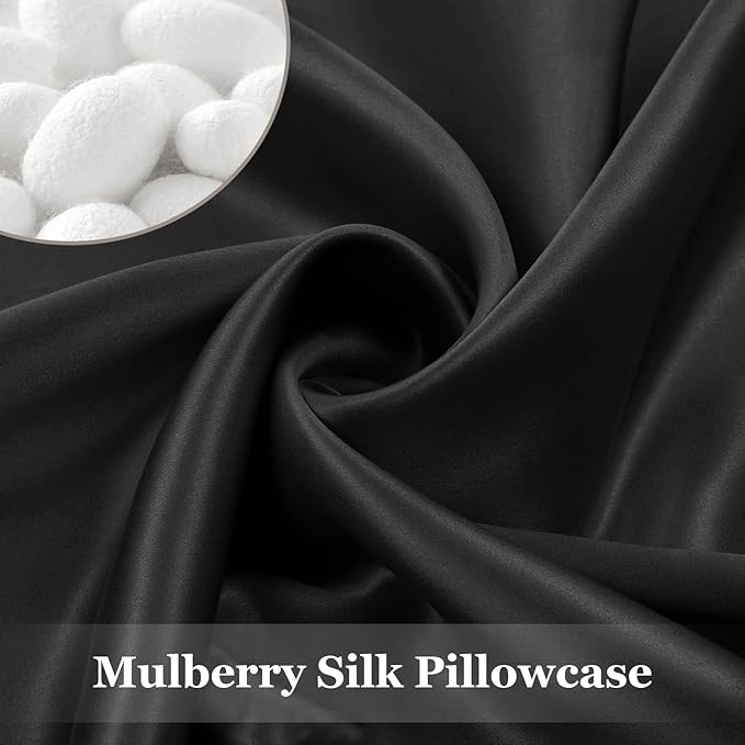 Adubor Silk Pillowcase 2 Pack for Hair and Skin with Hidden Zipper, Both Sides 23 Momme Silk Pillow Case (Black, Standard: 20''x26'')
