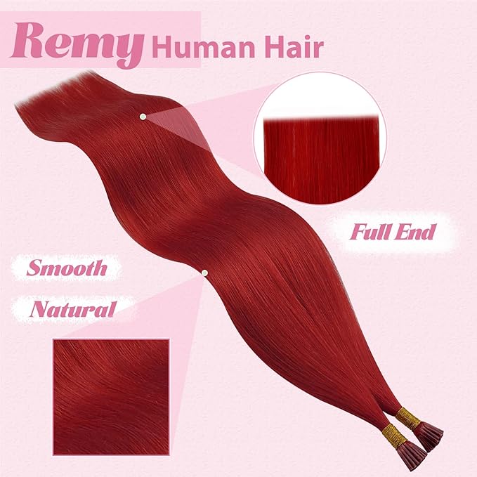 YoungSee Red I Tip Hair Extensions 18 Inch I Tips Hair Extensions Real Human Hair Colored Itip Extension Red 30s 25g Color Hair-Extension for Women Girls Cosplay