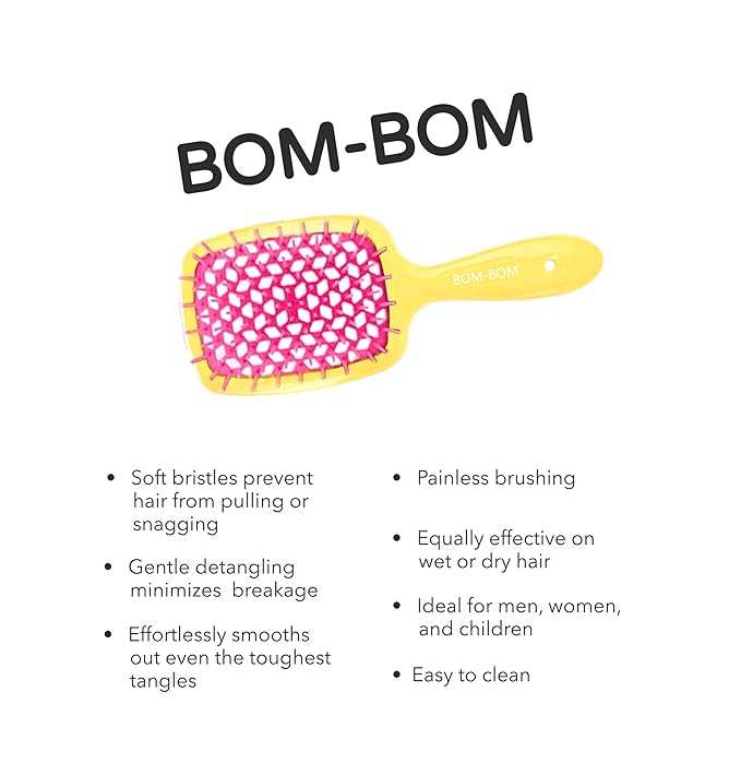 BOM BOM 2 Unit Kit, Wet And Dry Vented Detangling Hair Brush For All Hair Types, Light Weight Hairbrush, Scalp Massage Brush (magenta yellow)