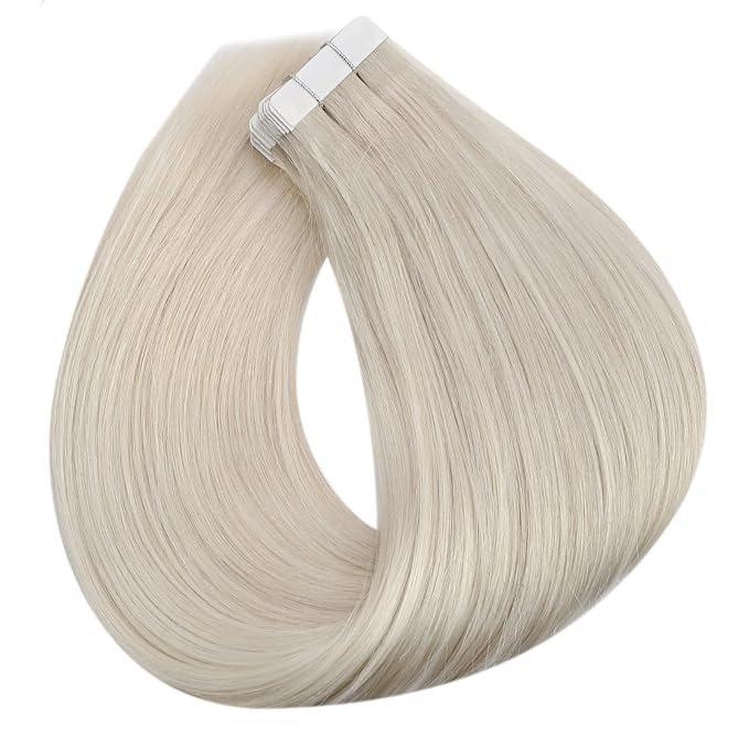 Full Shine Tape in Hair Extensions 20 Inch Color 1000 White Blonde Hair Extensions Real Human Hair Double Sided Tape ins Adhesive 20Pcs 50Grams Long Straight Natural