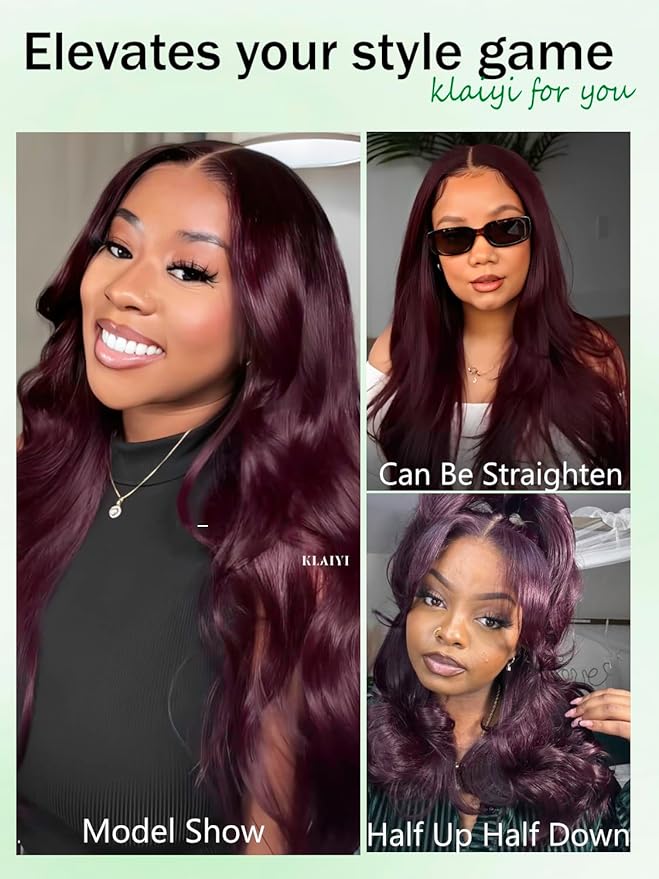 KLAIYI Black Cherry Loose Body Wave Bye Bye Knots Glueless Wig 7x5Precut Lace Front Wigs Human Hair Drawstring Pre Plucked Bleached 30S Ready to Wear and Go Wig with Face Framing Bangs Burgundy 22Inch