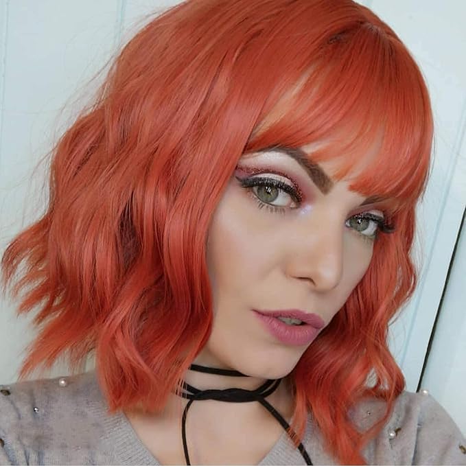 FAELBATY Short orange Wigs With Air Bangs Colorful wig Shoulder Length Women's Short Wig Curly Wavy Synthetic Cosplay Wig Orange Bob Wig for Girl Costume Wigs Orange Color 12"