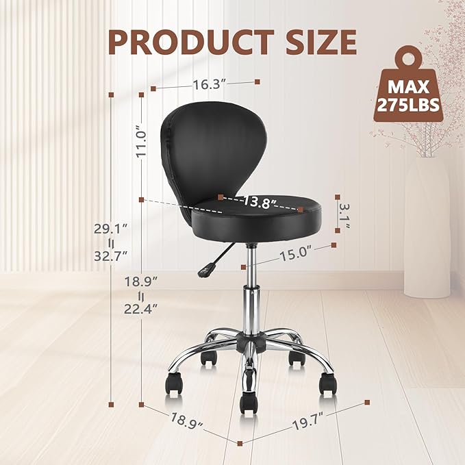 Set of 2 PVC Faux Leather Rolling Swivel Salon Stool Chair with Wheel Back Lumbar Support Seat Height 22 in Diameter 15 Inch Adjustable Hydraulic Chair for Beauty Barber Manicure Lash 2 Pack