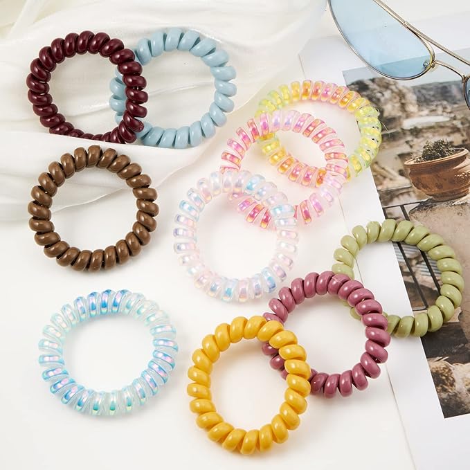 Macaroon Spiral Coil Hair Ties (Colorful, 10 Pcs) - Ponytail Holders for Thick Hair, No Crease Plastic Spiral Phone Cord Ties for All Hair Types