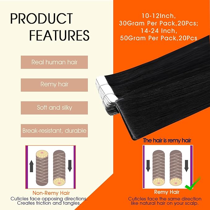 Full Shine Injected Tape ins Human Hair Extensions 16Inch Color 1 Jet Black Tape in Hair Extensions 40Gram 20PcsMachine Remy Skin Weft Seamless for Women Add Volume