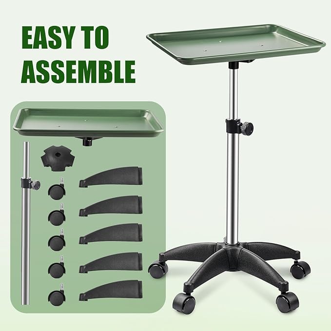 Rolling Salon Tray, Adjustable Salon Tray on Wheels, Premium Aluminum Tattoo Tray Cart for Spa Clinic, Green