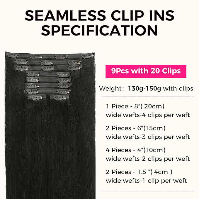 Lashey Seamless Clip in Hair Extensions, 9pcs 150g Straight Remy Human Hair Extensions Clip in 24 Inch #1B Natural Black Real Hair Extensions with 100% Real Human Hair