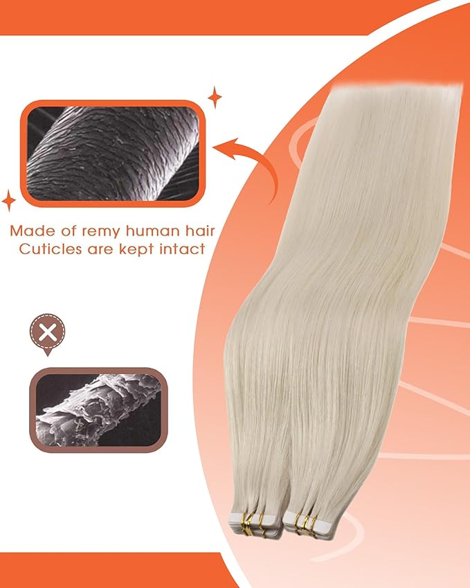 Sunny Hair Tape in Hair Extensions Real Human Hair Invisible Remy Hair Extensions Tape ins for Women White Blonde 12 inch 20G