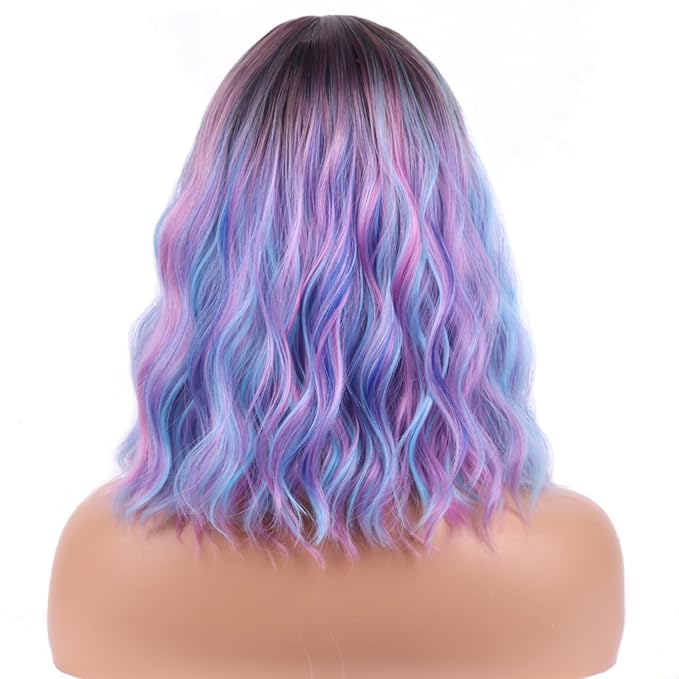 BERON 14 Inches Colorful Wigs with Bangs Short Colorful Bob Wigs for Women Loose Wavy Wig for Women Girls