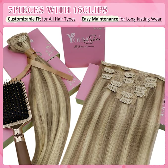 YoungSee Highlight Clip in Human Hair Extensions 22 inch Real Human Hair Extensions Clip ins Blonde Highlights with Light Brown Clip in Extensions Long Straight Hair 7Pcs 120G