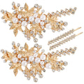 4PCS Gold Rhinestone Pearl Hair Clips, Wedding Bridal Leaf Hair Barrette, Sparkly Glitter Hair Pins Accessories for Women and Girls (Gold)