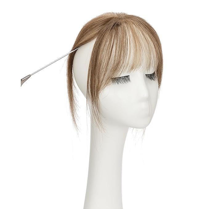Benehair Clip on Bangs Human Hair, Front Hair Extensions for Women Hair Pieces with Temples for Daily Wear (Medium Brown highlights dark blonde)