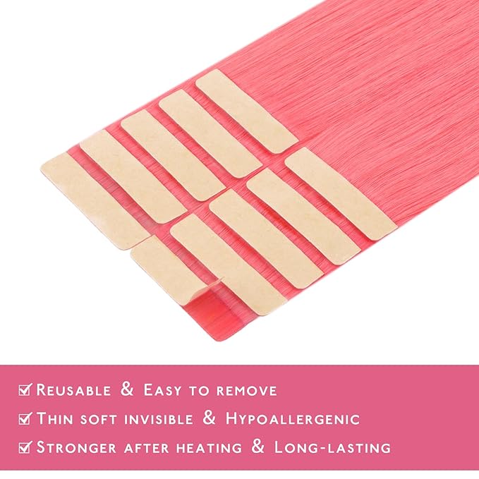WENNALIFE Tape in Hair Extensions Human Hair Light Pink Tape in Extensions, 10pcs 20g 12 inch Remy Invisible Tape Ins Straight Colored Soft Real Human Hair Tape in Extensions Refill Set Extensions