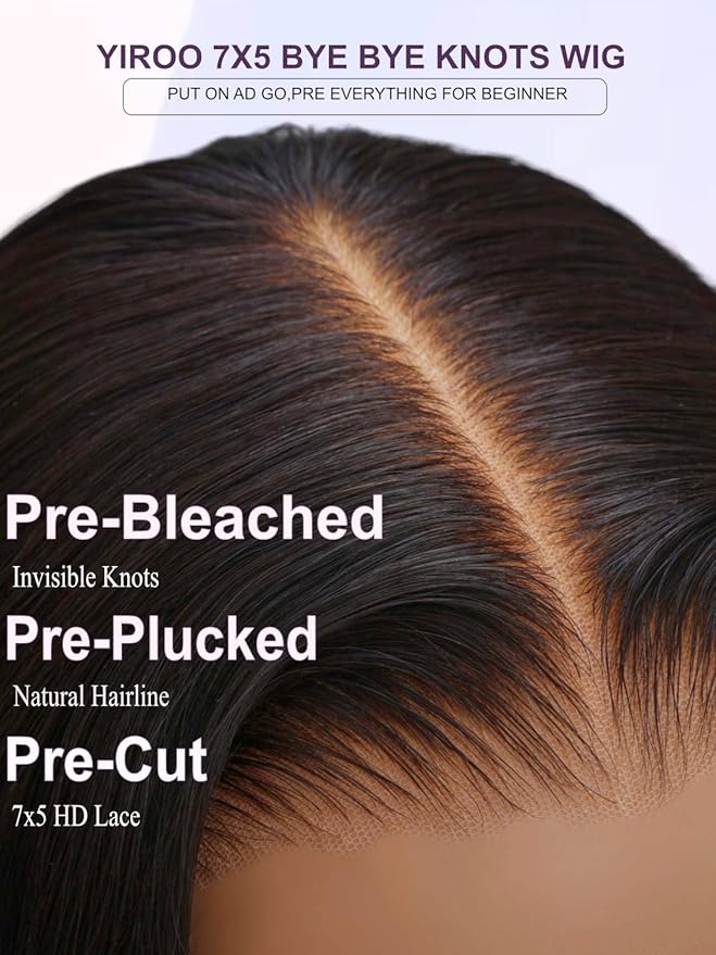 YIROO Yaki Straight Bob Human Hair Drawstring Wigs Pre Cut 7x5 HD Lace Front Wig Bye Bye Knots Glueless Yaki Short Bob Human Hair Wigs Pre Plucked Invisible Knots 150% Density Ready to Go 12Inch