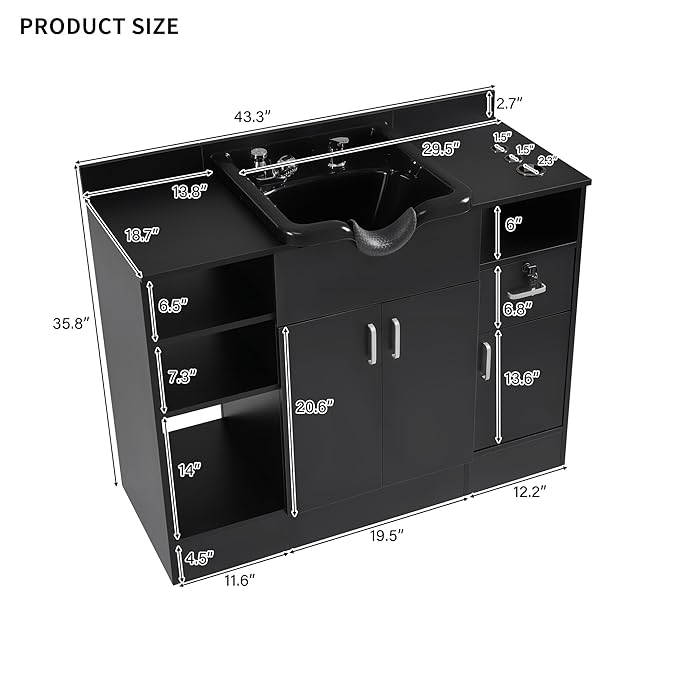Shampoo Backwash Station for Salons,Salon Station with Shampoo Bowl & Storage Layer, Drawer,10V Outlets, USB Port, Faucet Sprayer, Salon Equipment for Spa Beauty, Black Color