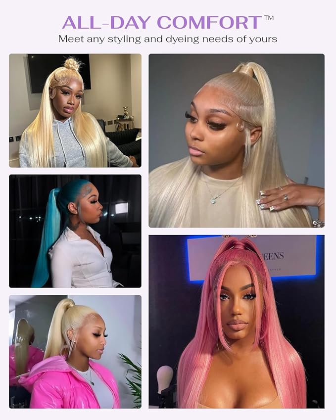 Hidden Strap Straight 360 613 Lace Front Wigs Human Hair Invisible Strap Pre Plucked 180% Density SALON-Quality Blonde Wig with Drawstring Glueless Wigs HD Full Lace Human Hair Wigs 24inch