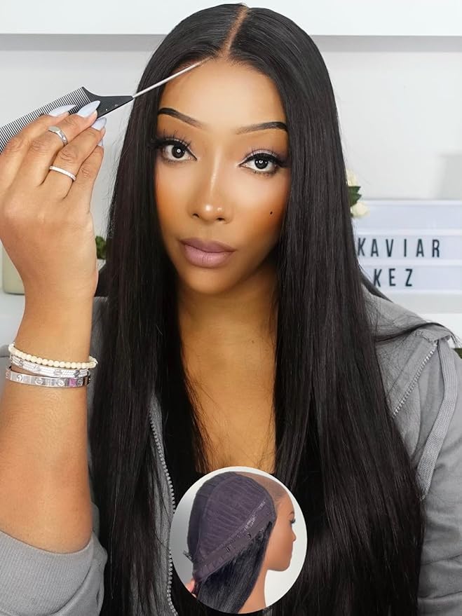 Julia Hair No Slip Yaki Straight 7x5 Lace Closure Glueless Drawstring Wig Flexible Mesh Cap Bye-Bye Slip Pre Cut HD Lace Front Pre Everything Bleached Knots Wear and Go Wig,Zero Slip Hold 24 Inch