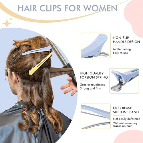 12PCS Hair Clips for Styling Sectioning - Non Slip No Crease Duck Billed Hair Clips for Women with Silicone Band - Professional 4.3 Inch Large Salon Hair Cutting Clips for Hairdresser - Macaron