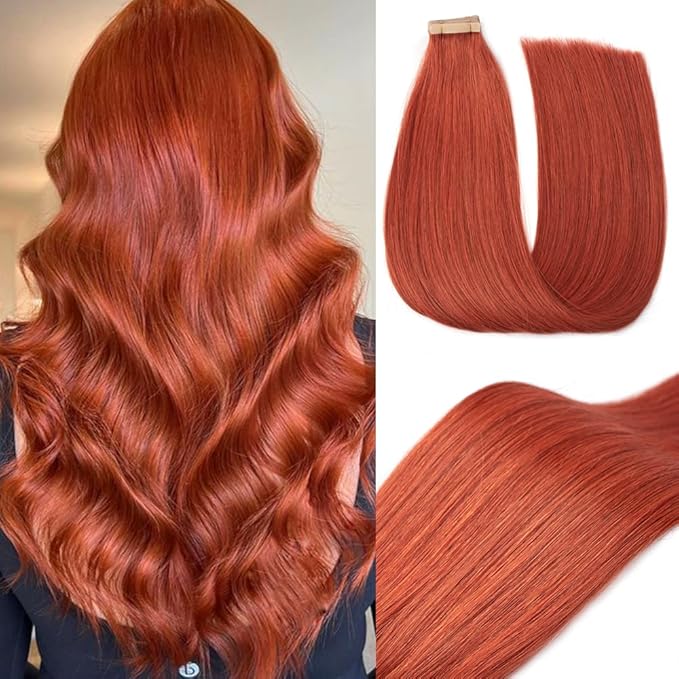 Tape in Hair Extensions Real Human Hair 24 Inch Copper Double Sided Tape for Skin Weft Hair Extension Invisible Tape in Hair Extensions Straight Remy Human Hair for Women 20pcs (350#,24 Inch)