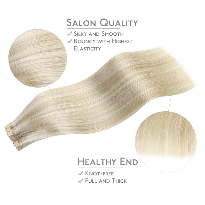 WENNALIFE Tape in Hair Extensions Human Hair, 40pcs 80g 12 inch Ash Blonde Highlighted Platinum Blonde Hair Extensions Real Human Hair Straight Tape in Extensions Invisible Human Hair Extensions