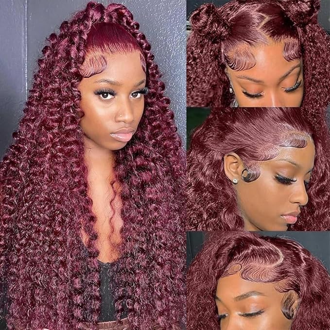32 Inch 99J Burgundy Lace Front Wigs Human Hair Red Burgundy Wig 200% Density 13x6 Deep Wave Lace Front Wigs Human Hair Pre Plucked Glueless Lace Frontal Wigs for Women