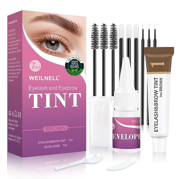 Eyelash & Eyebrow Color Kit, Professional Instant Lash & Brow Color Kit, Easy to Use with Natural Results, DIY Hair Coloring Eye Brow & Eye Lash Set for Beginner Salon Beauty 7ml (Brown/Light Brown)