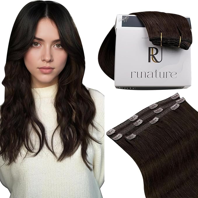 RUNATURE Brown Clip in Hair Extensions, Real Human Hair Clip in Extensions, Short Hair Extensions Clip Ins 10 Inch, Double Weft Remy Natural Hair, Tangle Free, 50g 3pcs #2 Dark Brown