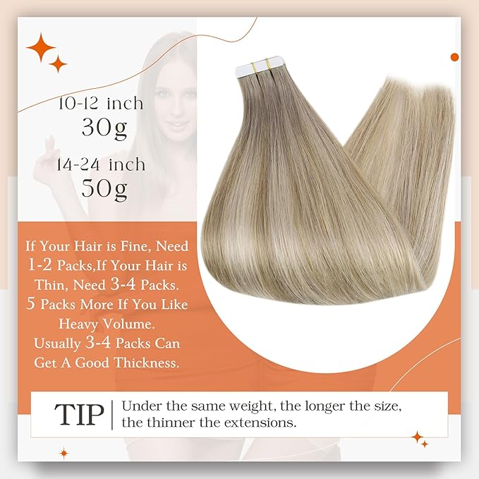 Full Shine Remy Tape Extensions Human Hair Color 19/8/60 Balayage Blonde Tape in Hair Extensions 20Inch Seamless Skin Weft 100G Long Extension Add Length for Natural Look 40Pcs