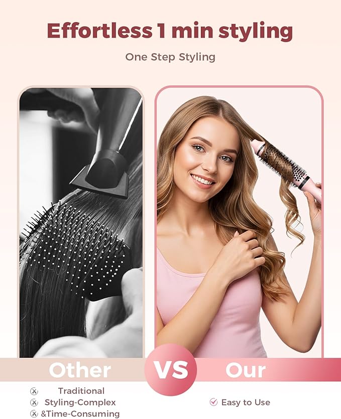 Dual Voltage Thermal Brush, 1.5 Inch Heated Round Brush for Blowout Look, Heated Curling Styler with Negative Ions & Ceramic for Volumizing, 6 Temps & Auto Shut-Off, No Damage, Pink