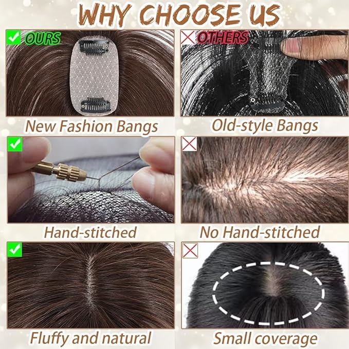 Amchoice Hair Toppers for Women Real Human Hair, Bangs Hair Clip 360° 3D Cover Bangs, Human Hair Toppers for Women Daily(Mocha, 3D Wispy Bangs (5 * 9))