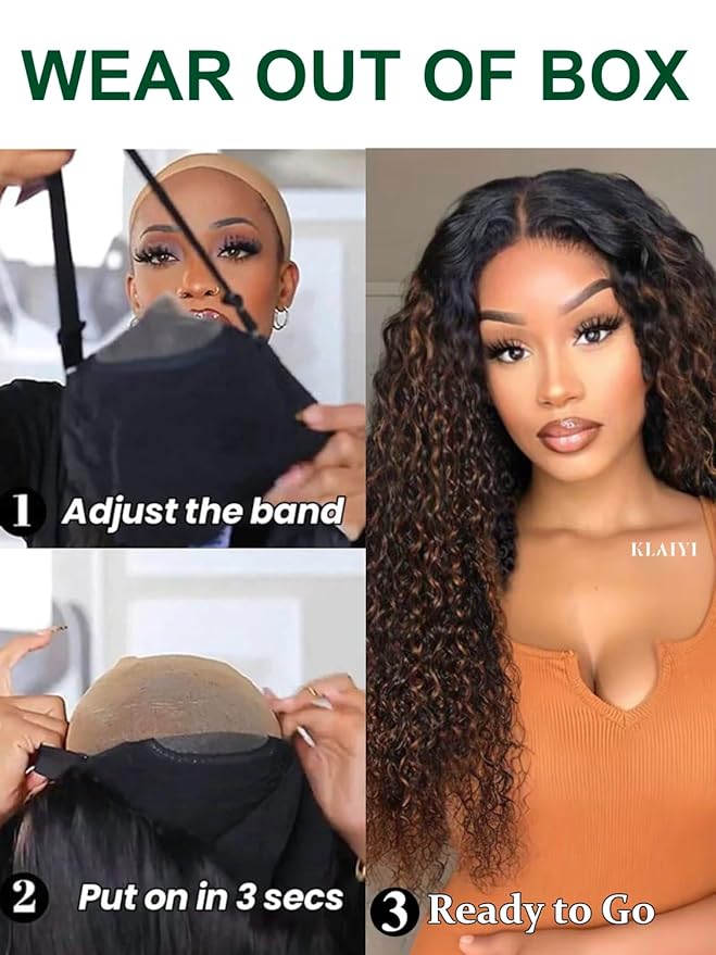 KLAIYI Ombre Brown Water Wave Bye Bye Knots Glueless Wig Human Hair Pre Cut 7x5 Lace Front Wigs Drawstring Pre Plucked Bleached Highlight Balayage Curly Ready to Wear and Go Wig with Dark Roots 24Inch