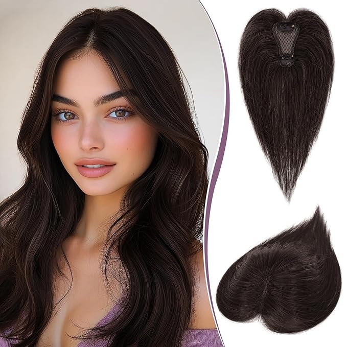 RUWISS Hair Toppers for Women Real Human Hair Lightweight Dark Brown Clip in Hair Piece for Thinning Hair Fluffy Straight Hair Topper without Bangs
