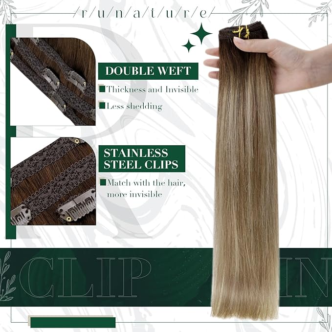 RUNATURE Balayage Clip in Hair Extensions, Real Human Hair Extensions Clip Ins, Double Weft Human Hair Clip in Extensions, Remy Natural Hair, 14 Inch 50g 3pcs #3/8/22 Walnut Brown to Blonde Balayage