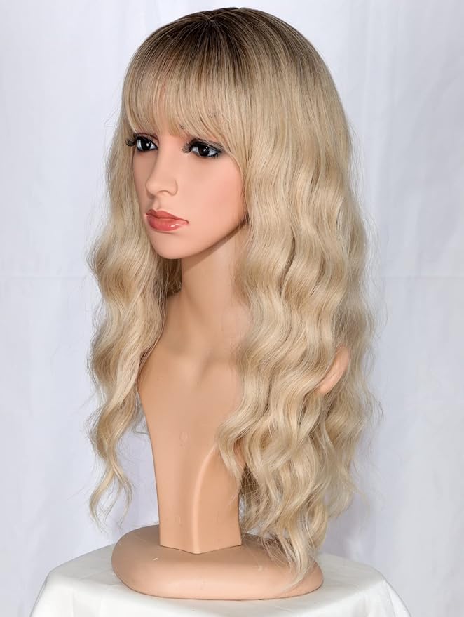 Medium Long Blonde Wavy Wigs For Women Synthetic Full Hair Wigs With Bangs For Daily Use (Blonde)