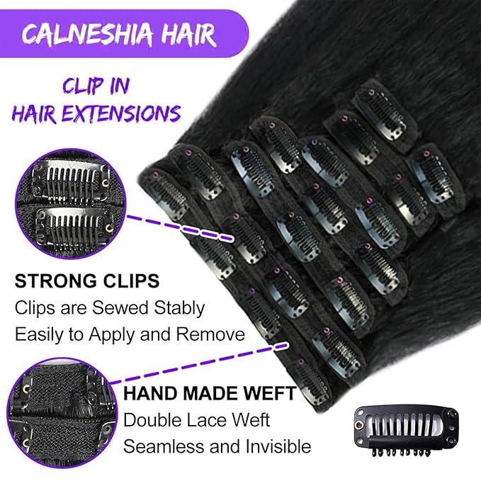 Kinky Straight Clip in Hair Extensions 24 Inch Human Hair Yaki Straight Clip ins Seamless Remy Human Hair Clip in Extensions for Women Natural Black 8Pcs 100g 20 Clips